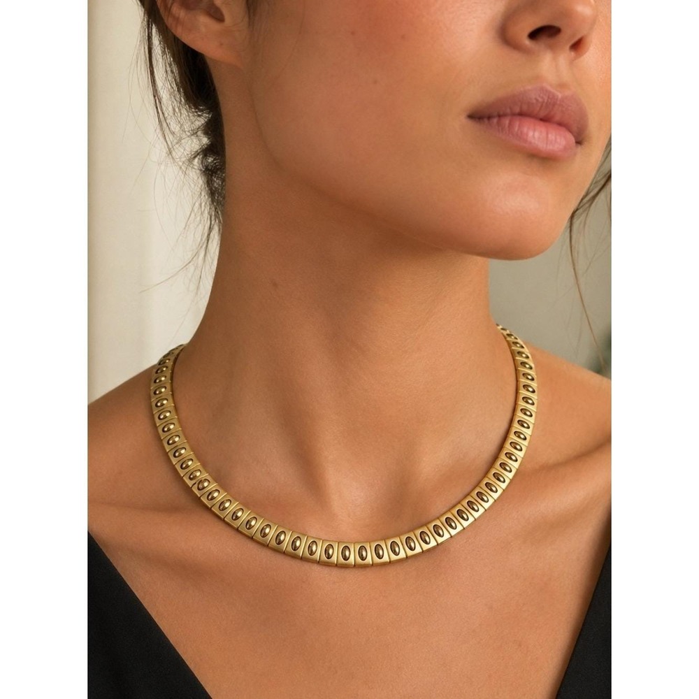 Vintage Gold Tone Collar Necklace 16" Art Deco Modernist Choker Statement